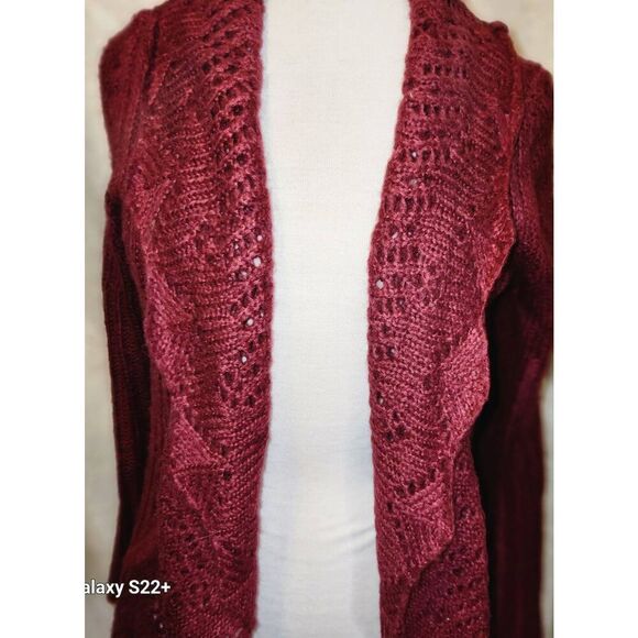 C0 NY Collection Open Drape Front burgundy Sweater Cardigan Crocheted Loose Knit - Picture 6 of 6